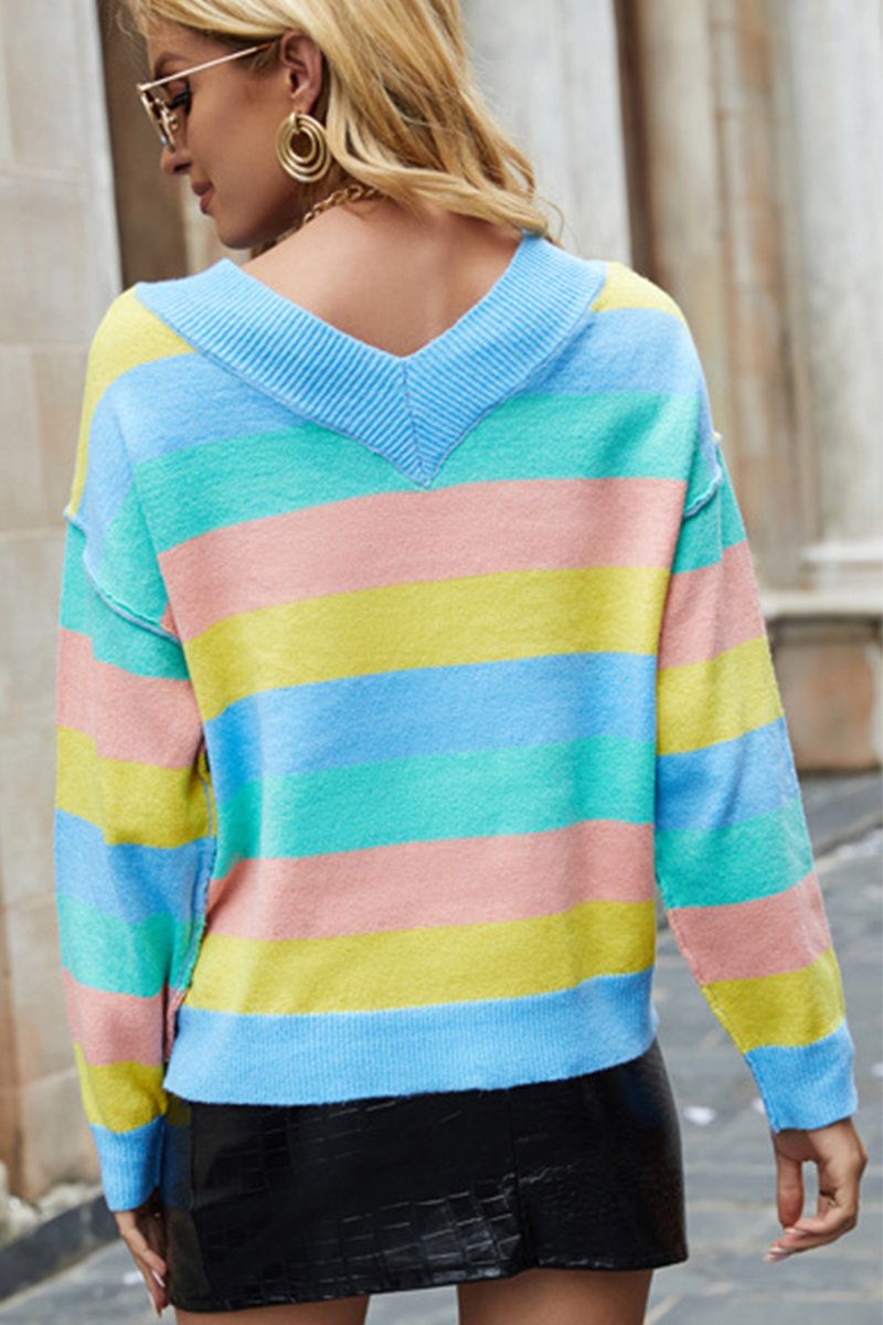 WOMEN COLORFUL STRIPED V NECK LONG SLEEVE TOP