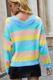 WOMEN COLORFUL STRIPED V NECK LONG SLEEVE TOP