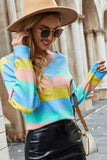 WOMEN COLORFUL STRIPED V NECK LONG SLEEVE TOP