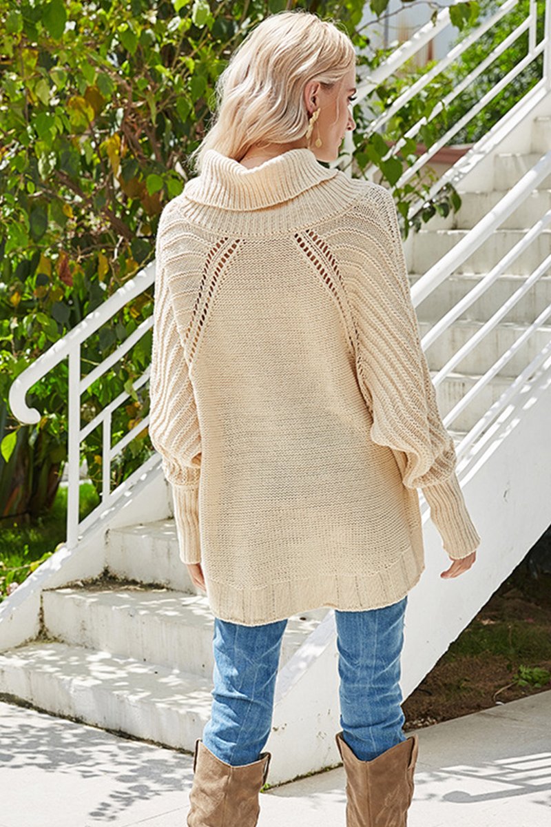 WOMEN OVERSIZED CABLE KNIT TURTLE NECK SWEATSHIRT