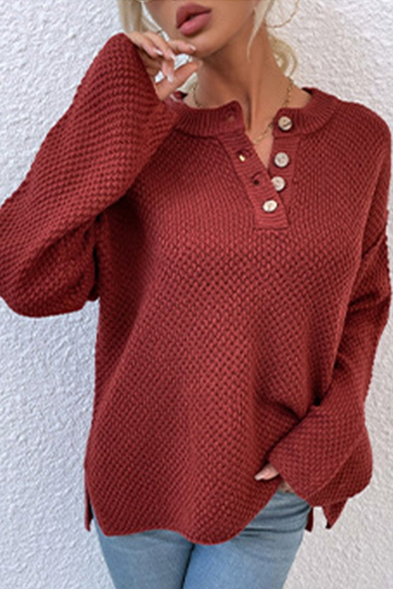 WOMEN FISHERMAN KNIT HENLEY NECK LOOSE SWEATER