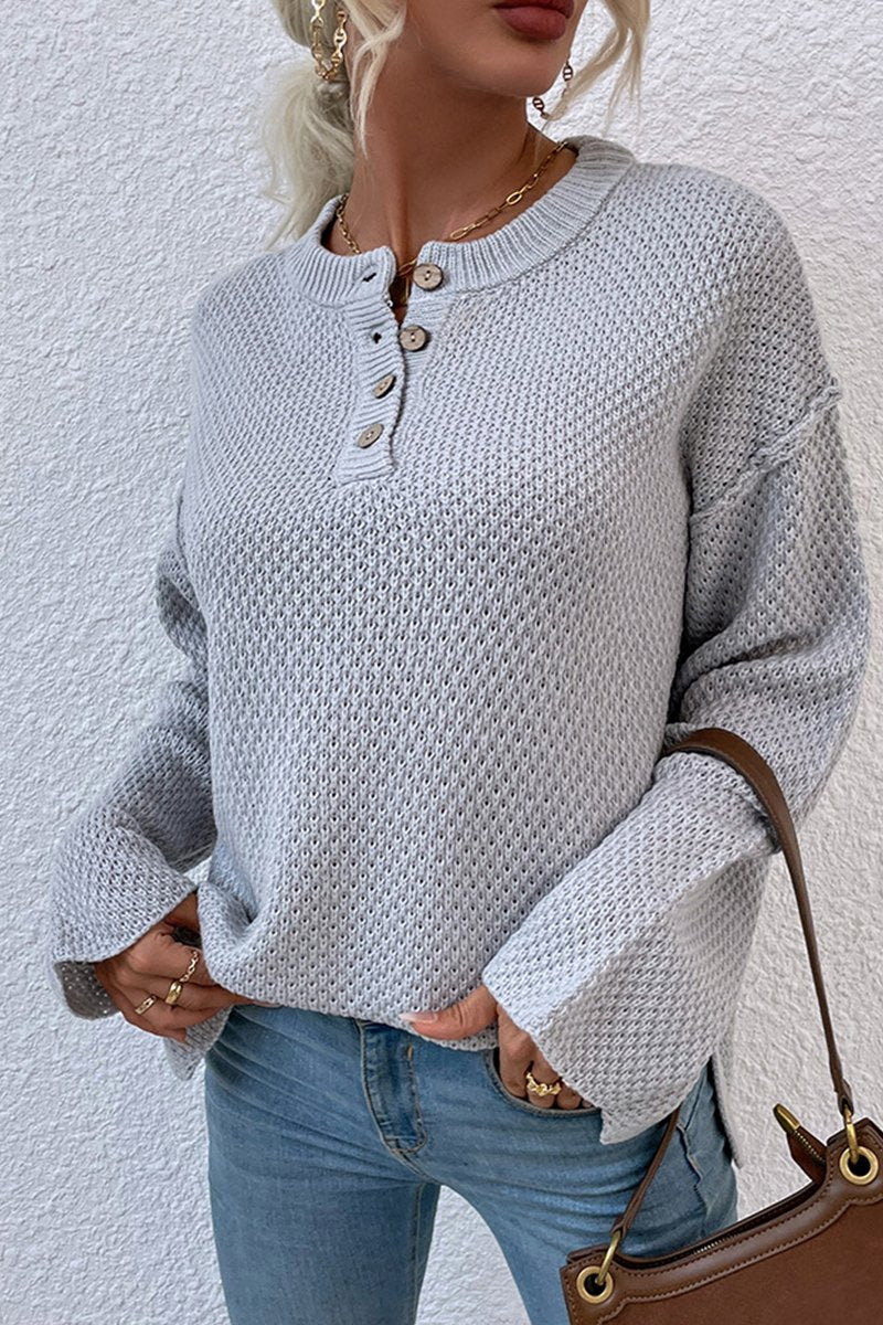 WOMEN FISHERMAN KNIT HENLEY NECK LOOSE SWEATER