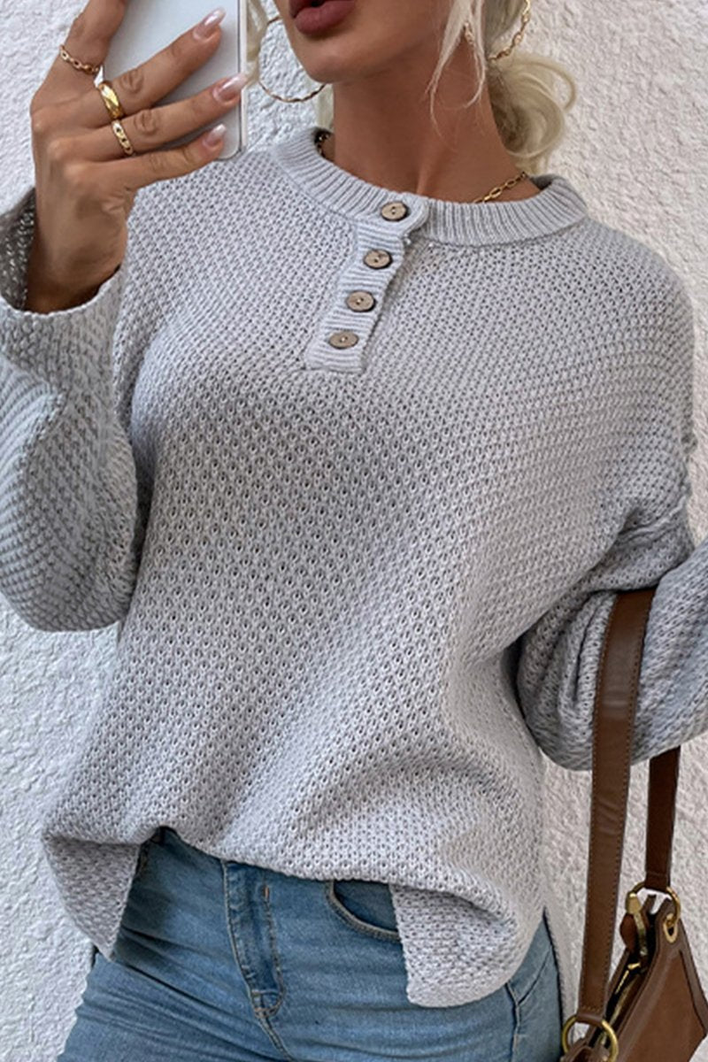 WOMEN FISHERMAN KNIT HENLEY NECK LOOSE SWEATER