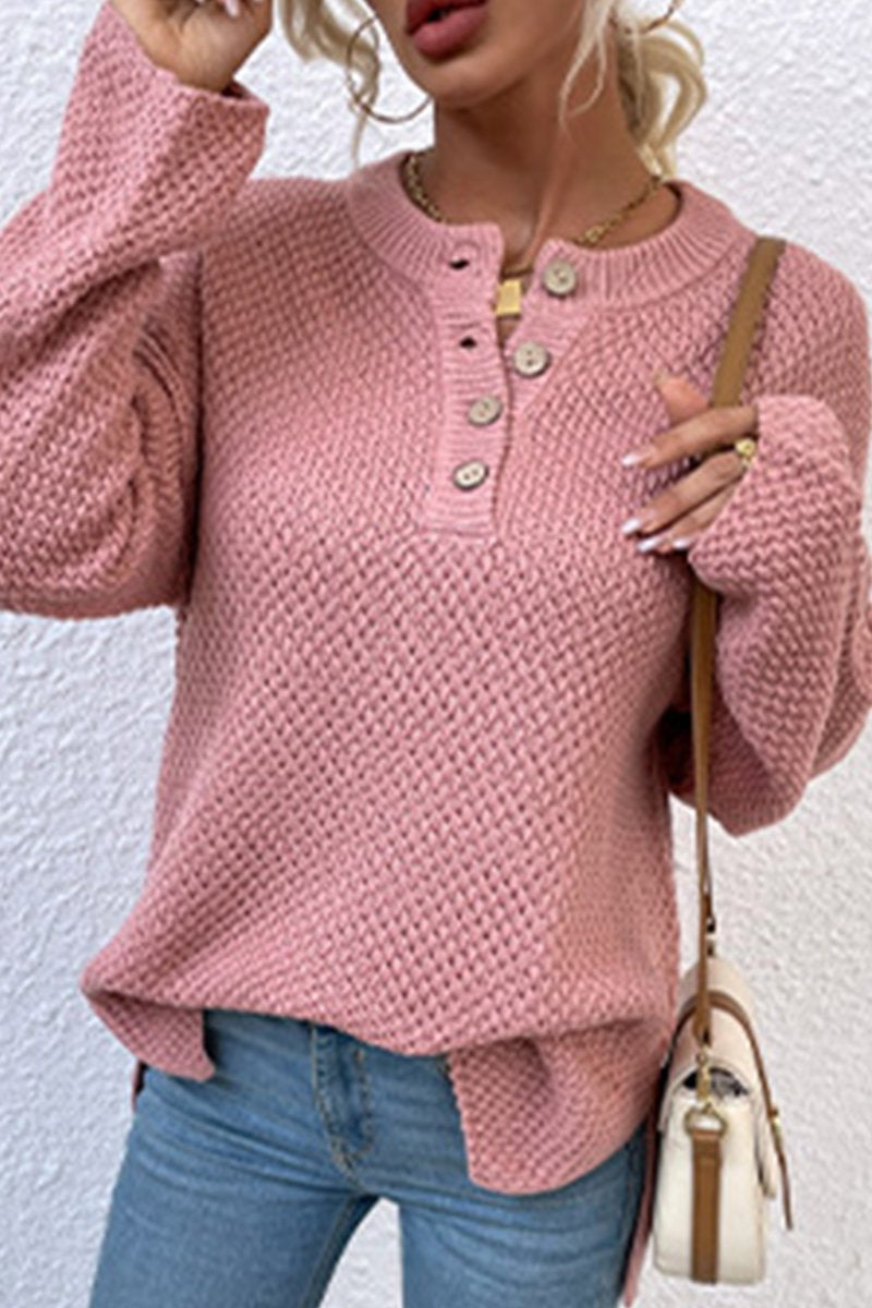 WOMEN FISHERMAN KNIT HENLEY NECK LOOSE SWEATER