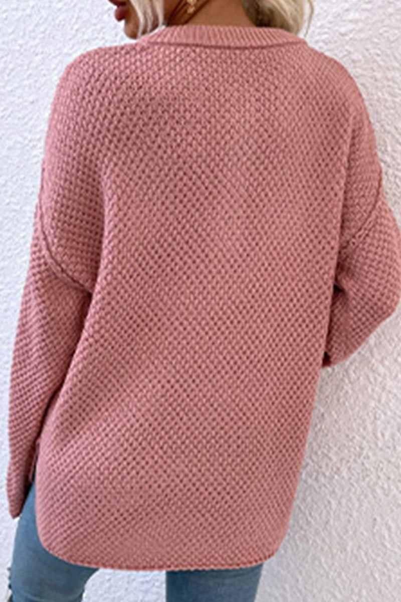 WOMEN FISHERMAN KNIT HENLEY NECK LOOSE SWEATER