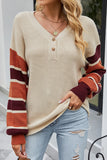 WOMEN LOOSE HENLEY NECK KNITTED CASUAL SWEATER