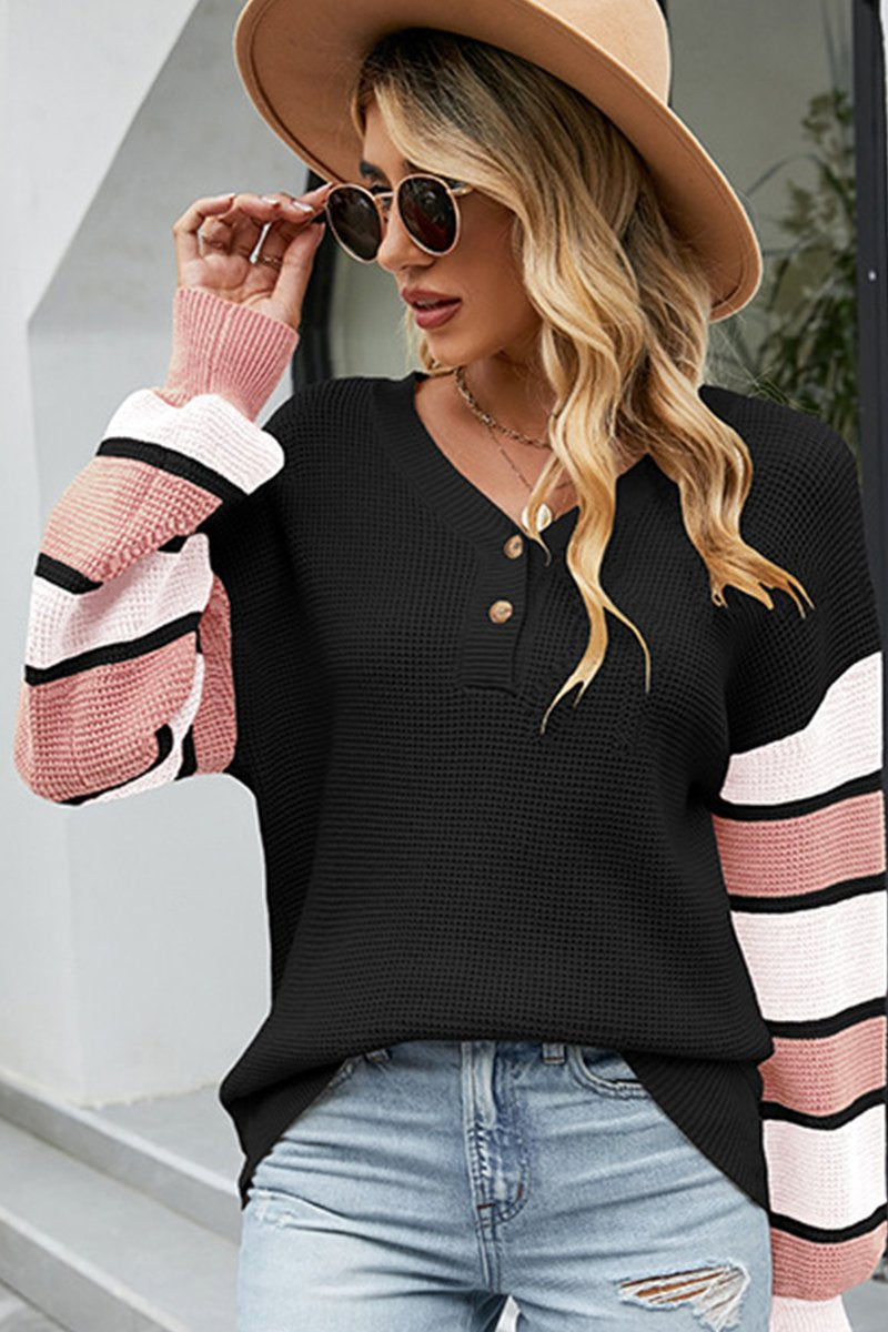 WOMEN LOOSE HENLEY NECK KNITTED CASUAL SWEATER