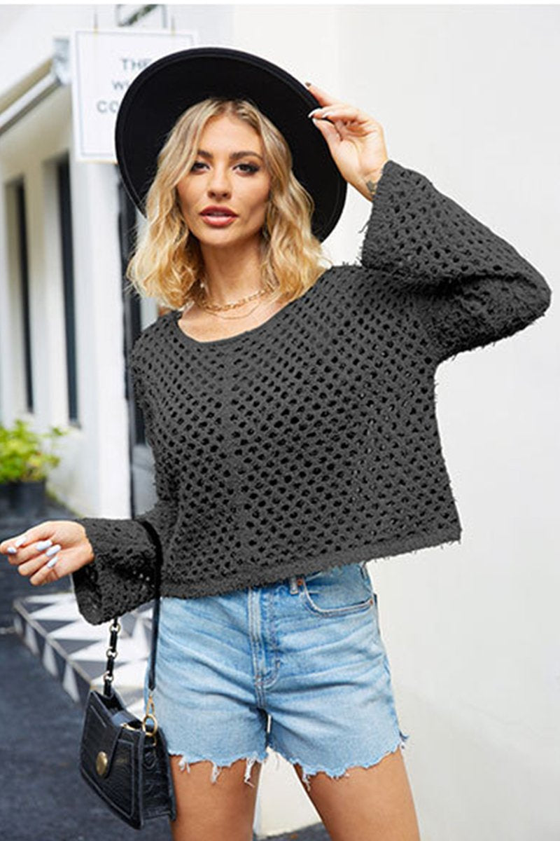 WOMEN FISHERMAN CROCHET KNITTED SHORT SWEATER