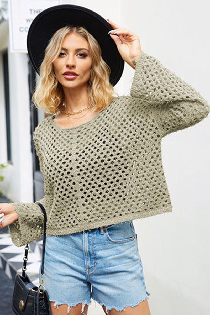 WOMEN FISHERMAN CROCHET KNITTED SHORT SWEATER