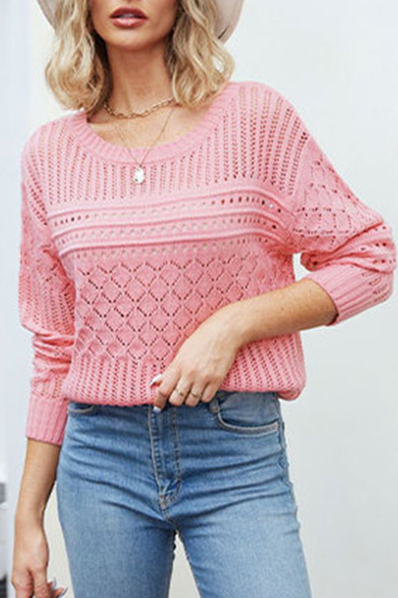 WOMEN EYELET CROCHET KNITTED LONG SLEEVE SWEATER