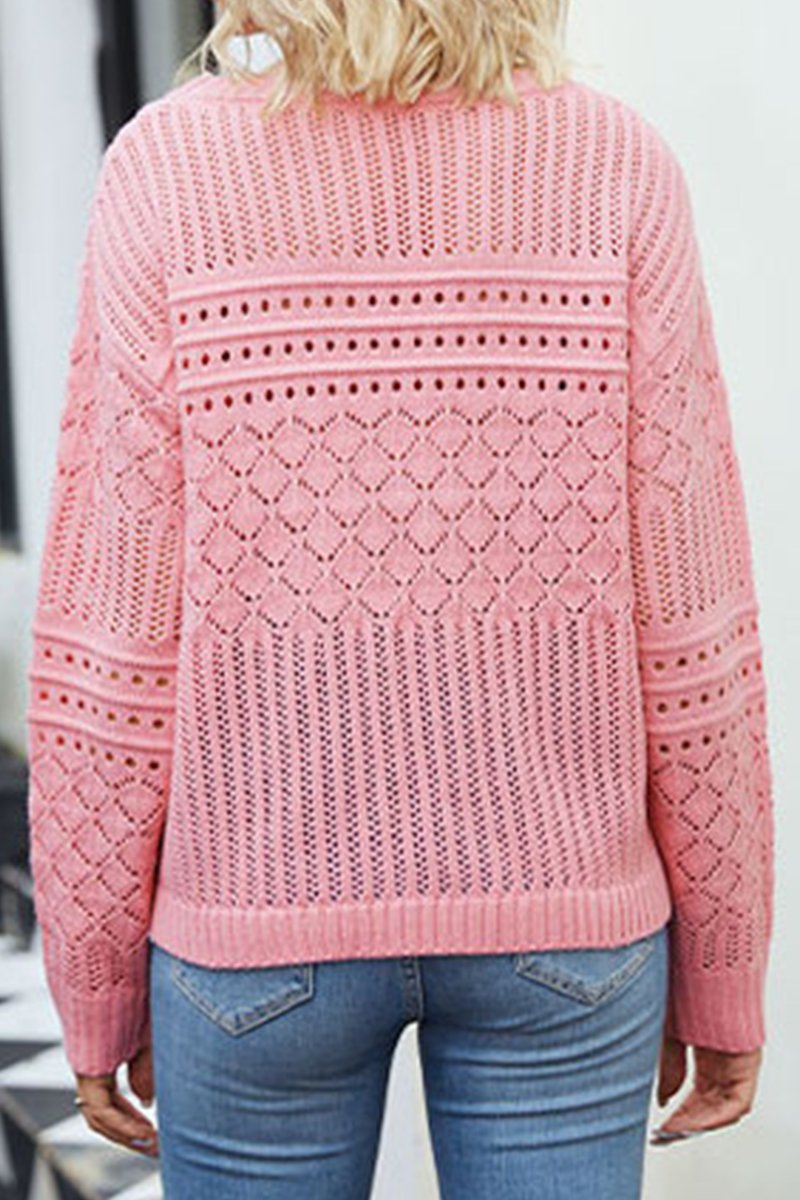 WOMEN EYELET CROCHET KNITTED LONG SLEEVE SWEATER