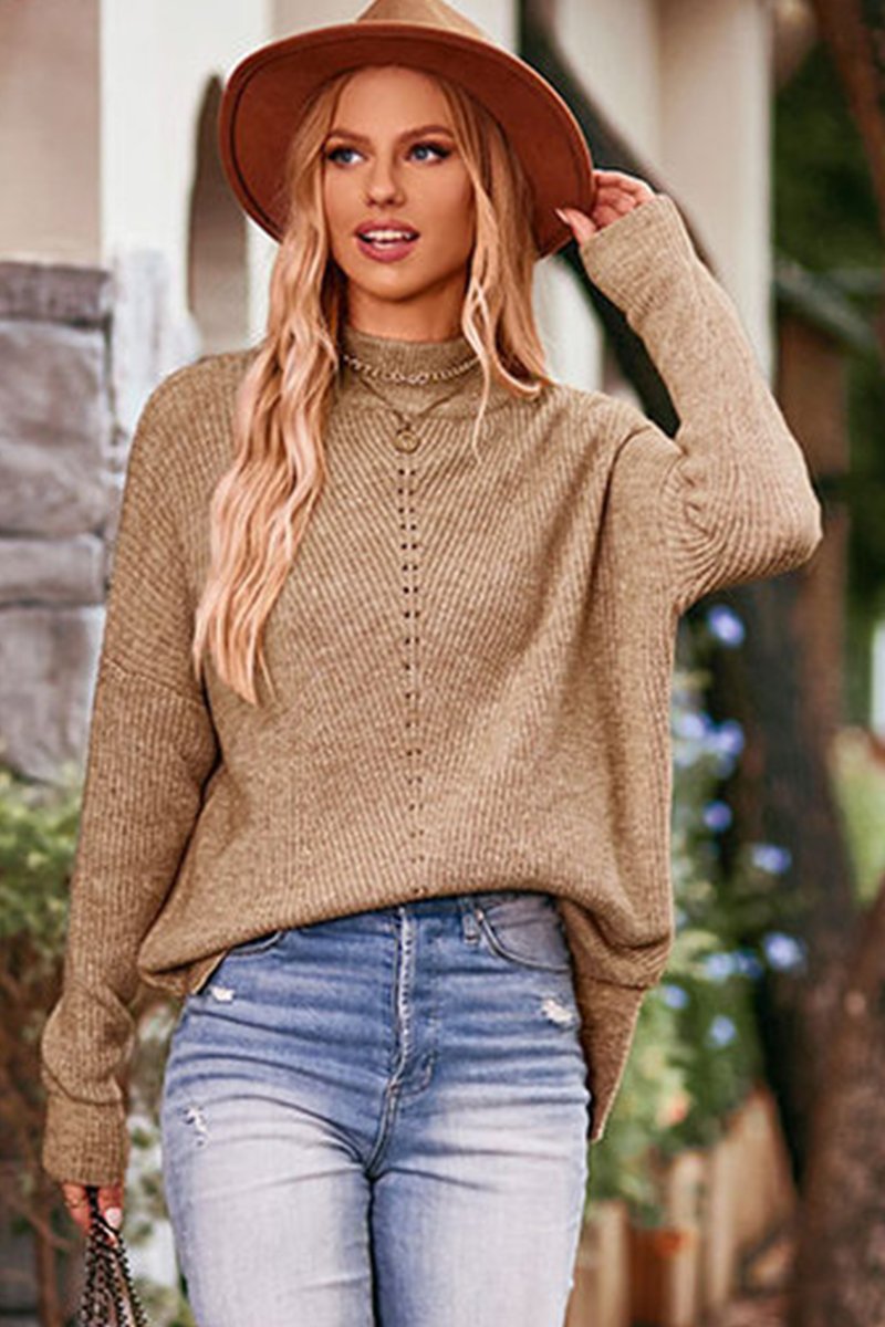 WOMEN RIBBED HIGH NECK EYELET DETAILED SWEATER