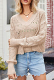 WOMEN RIBBED V NECK EYELET PUNCHING SWEAT TOP