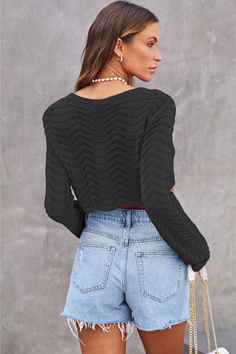 WOMEN BELL SLEEVE WAVE PATTERN CROP SWEATER