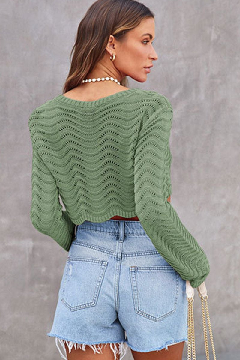 WOMEN BELL SLEEVE WAVE PATTERN CROP SWEATER