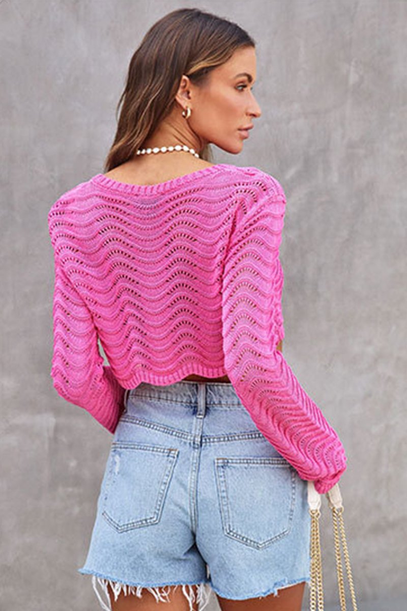 WOMEN BELL SLEEVE WAVE PATTERN CROP SWEATER