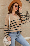 WOMEN HENLEY NECK STRIPE PATTERN LOOSE KNIT TOP