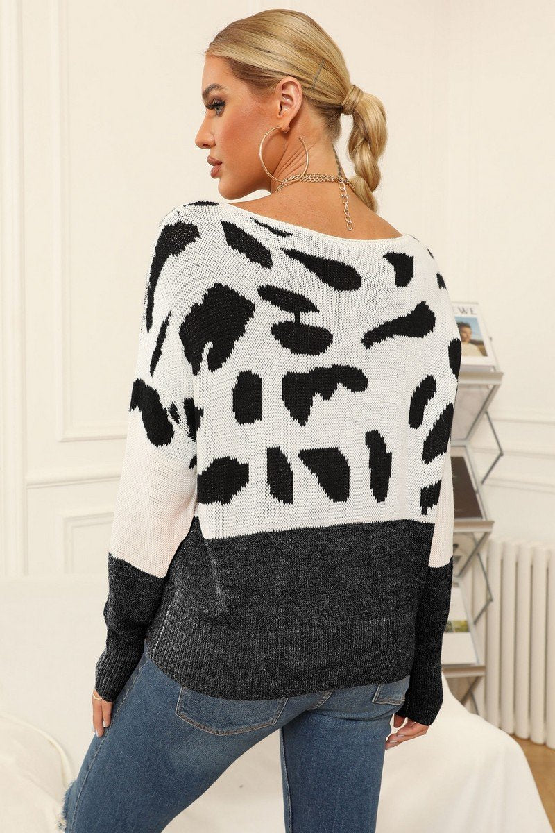 WOMEN LEOPARD ANIMAL PATTERN ROUND NECK SWEATER