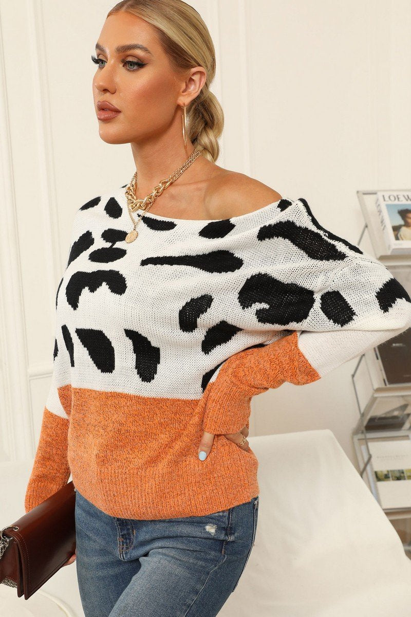 WOMEN LEOPARD ANIMAL PATTERN ROUND NECK SWEATER