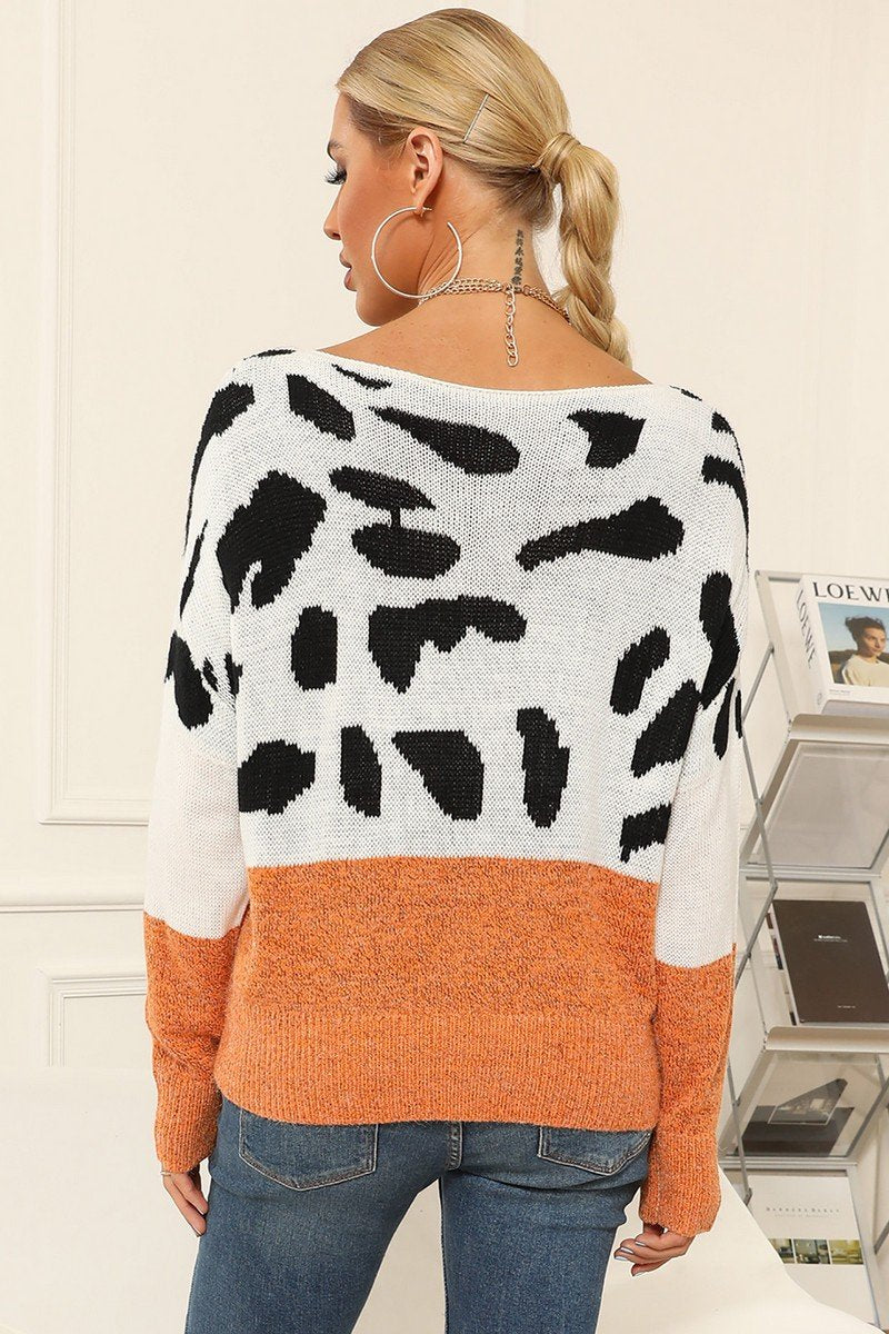 WOMEN LEOPARD ANIMAL PATTERN ROUND NECK SWEATER