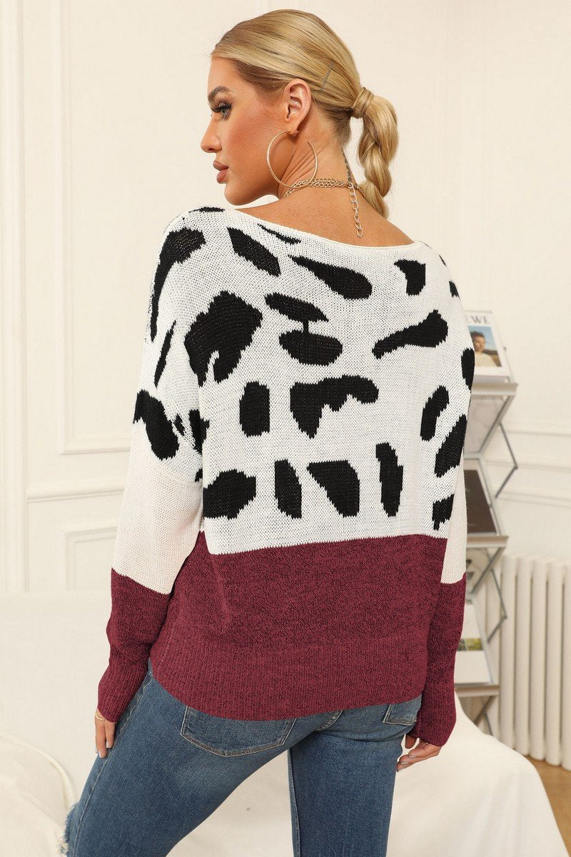 WOMEN LEOPARD ANIMAL PATTERN ROUND NECK SWEATER