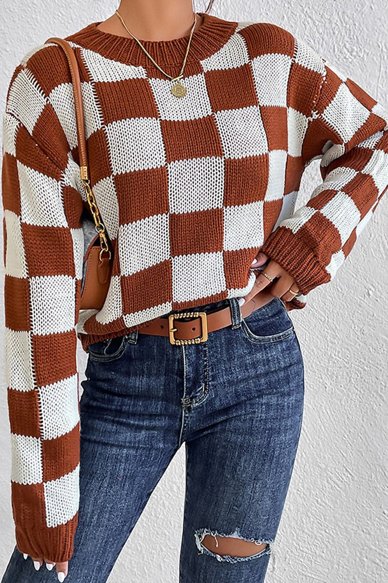 WOMEN LOOSE FIT RIBBED PLAID PATTERN KNIT SWEATER