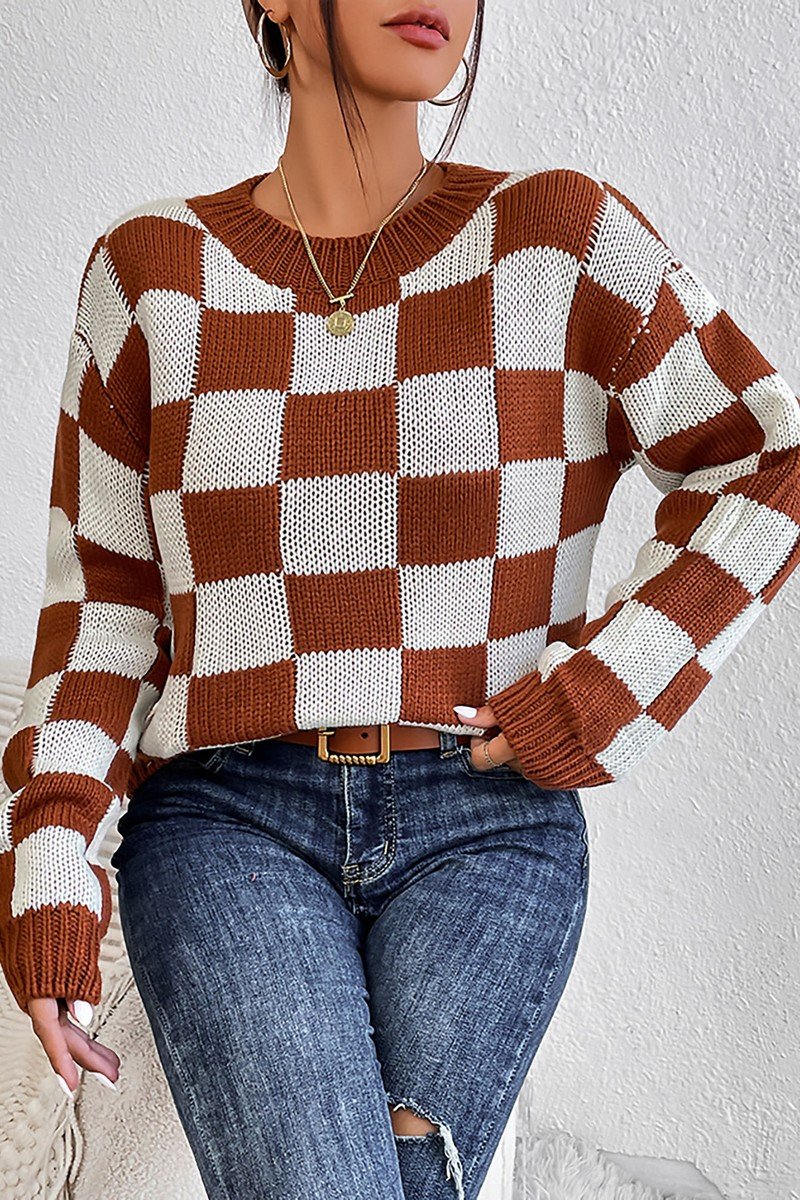 WOMEN LOOSE FIT RIBBED PLAID PATTERN KNIT SWEATER