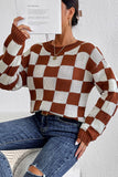 WOMEN LOOSE FIT RIBBED PLAID PATTERN KNIT SWEATER