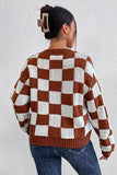 WOMEN LOOSE FIT RIBBED PLAID PATTERN KNIT SWEATER