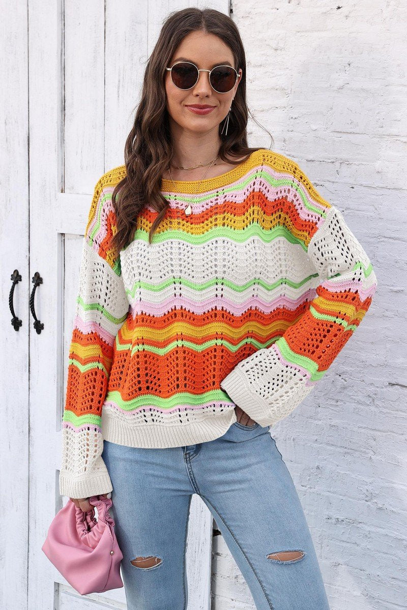 WOMEN COLORFUL WAVE PATTERN CROCHET KNIT TOP