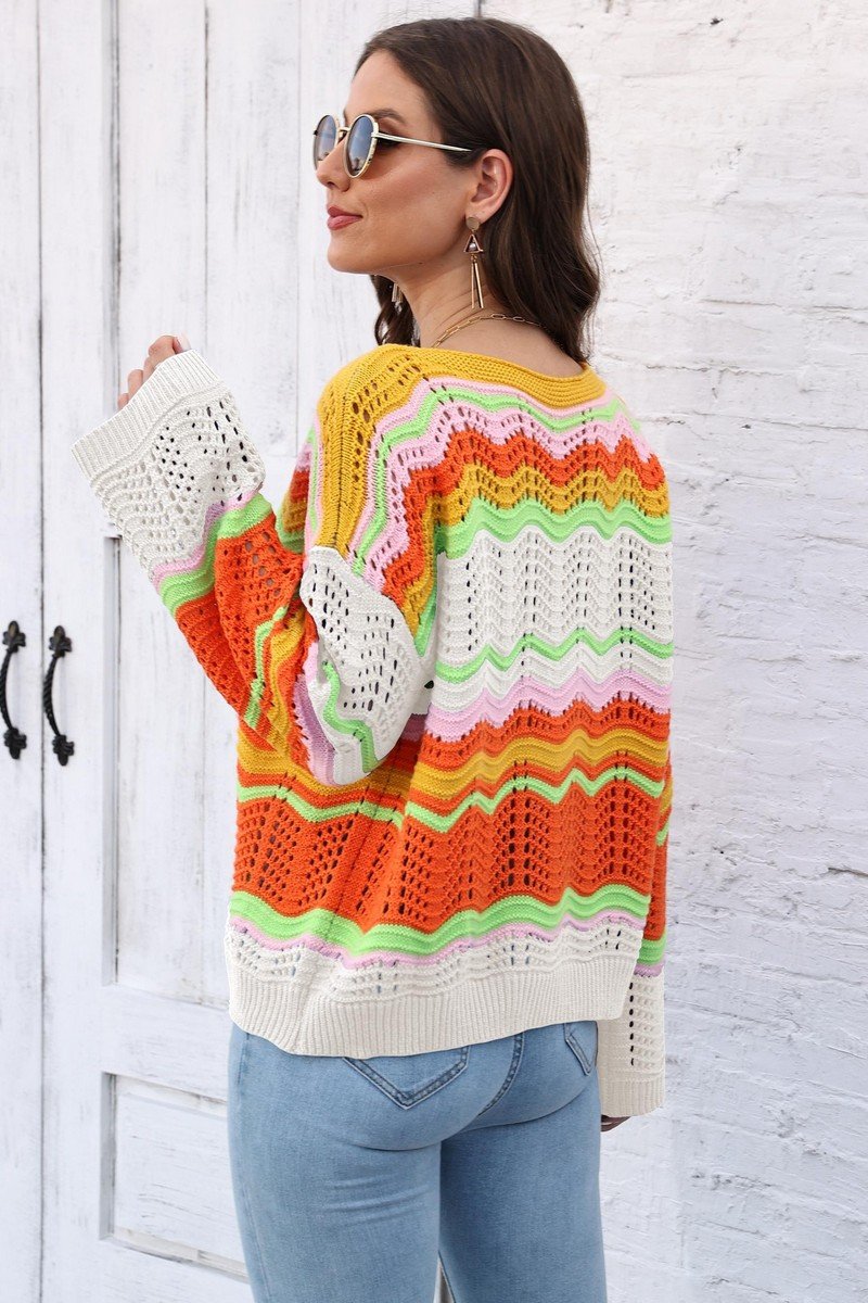 WOMEN COLORFUL WAVE PATTERN CROCHET KNIT TOP