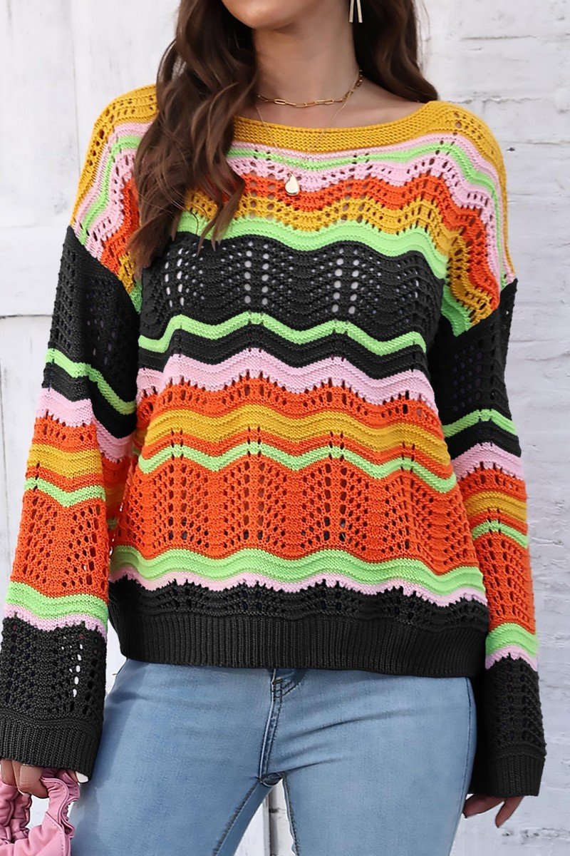 WOMEN COLORFUL WAVE PATTERN CROCHET KNIT TOP