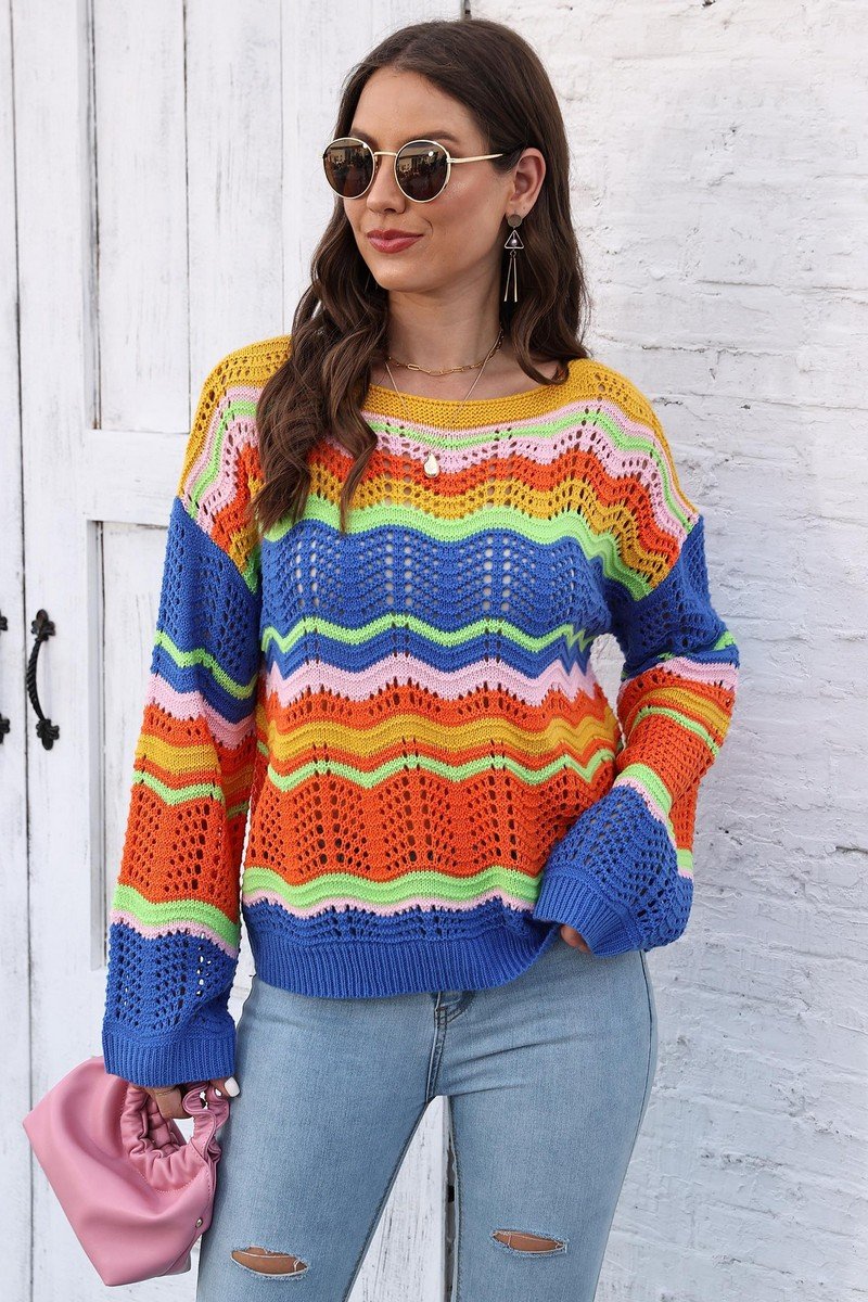 WOMEN COLORFUL WAVE PATTERN CROCHET KNIT TOP