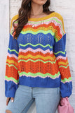 WOMEN COLORFUL WAVE PATTERN CROCHET KNIT TOP