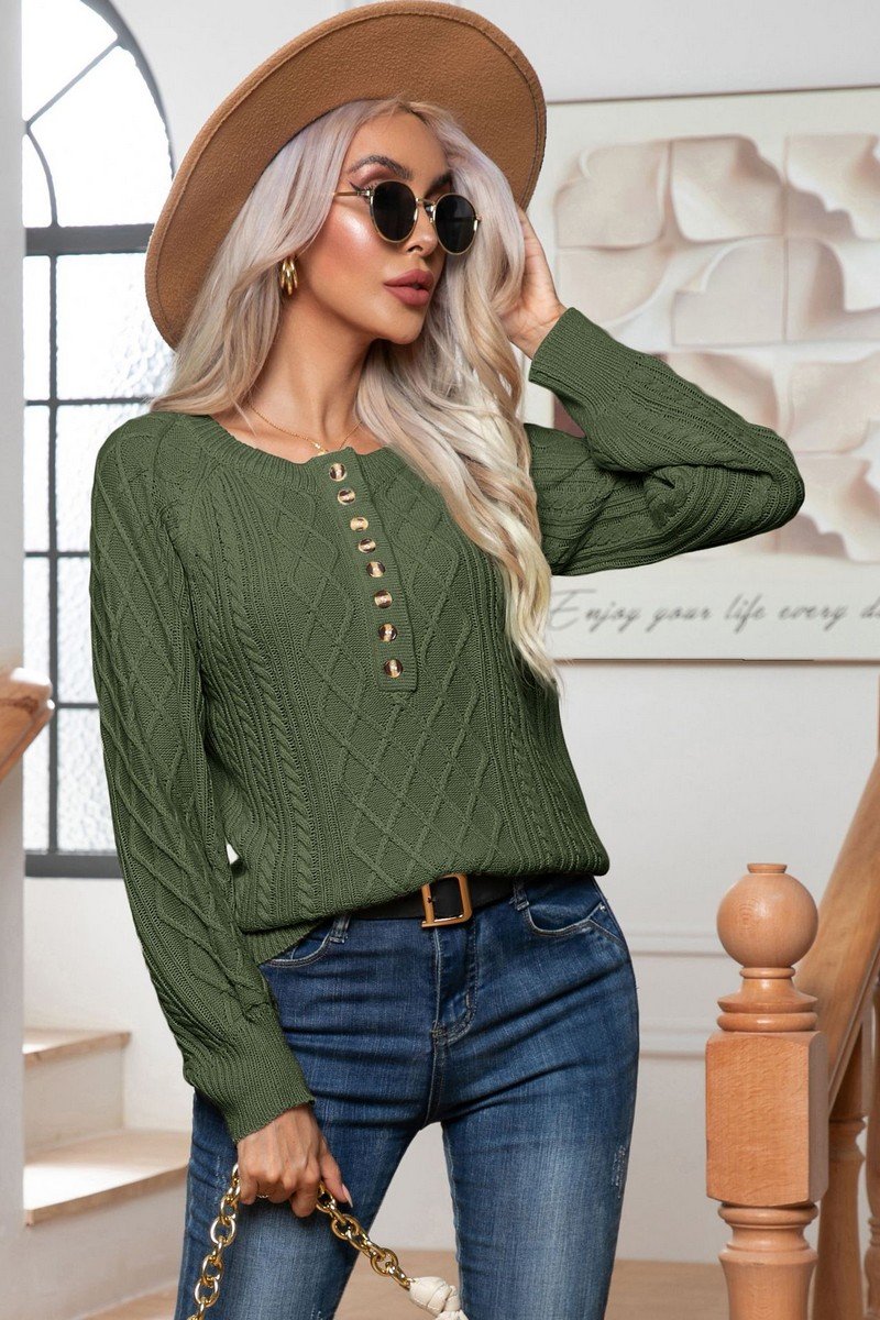 WOMEN BUTTON HENLEY NECK CABLE KNIT SWEATER