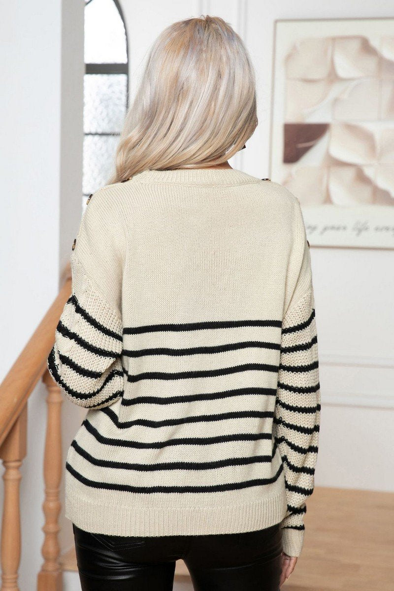 WOMEN CHUNKY CABLE KNIT STRIPE PATTERN SWEATSHIRT