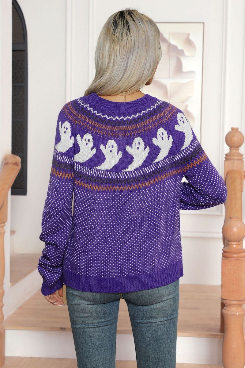 WOMEN GHOST POLKA DOT PRINT LONG SLEEVE KNIT TOP