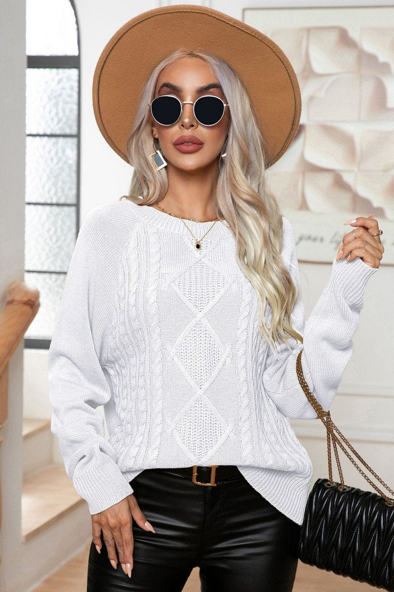 WOMEN CROCHET CABLE KNIT CREW NECK KNIT SWEATER