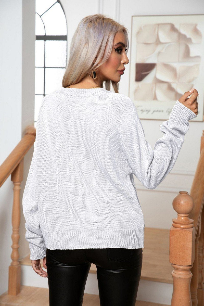 WOMEN CROCHET CABLE KNIT CREW NECK KNIT SWEATER