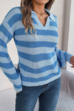 WOMEN COLLARED V NECK STRIPE CROCHET KNIT SWEATER