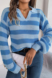 WOMEN COLLARED V NECK STRIPE CROCHET KNIT SWEATER