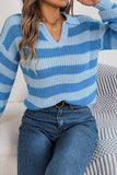 WOMEN COLLARED V NECK STRIPE CROCHET KNIT SWEATER