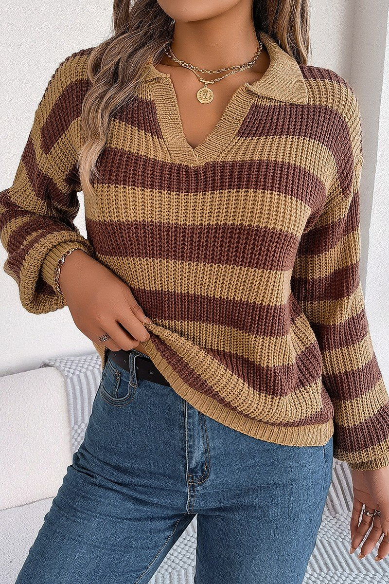 WOMEN COLLARED V NECK STRIPE CROCHET KNIT SWEATER