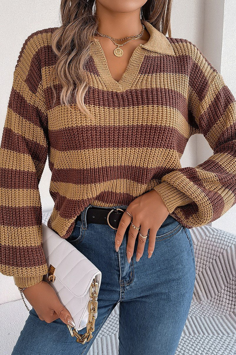 WOMEN COLLARED V NECK STRIPE CROCHET KNIT SWEATER