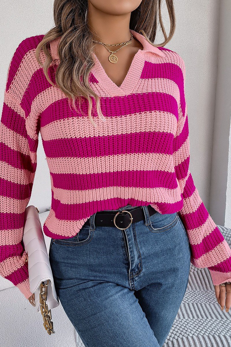 WOMEN COLLARED V NECK STRIPE CROCHET KNIT SWEATER