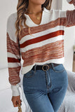 WOMEN COLLAR COLOR BLOCK LONG SLEEVE KNIT SWEATER