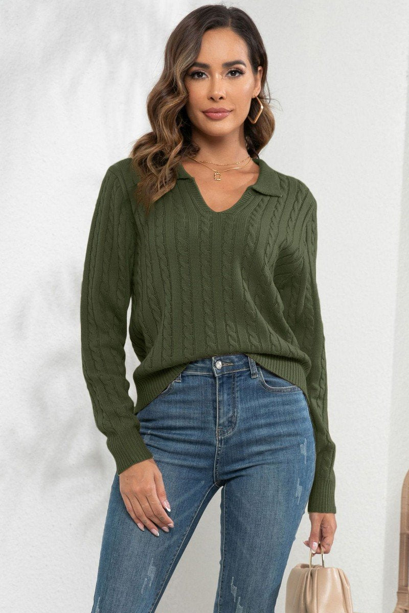 WOMEN LAPEL TWIST LOOSE LONG SLEEVE KNIT SWEATER