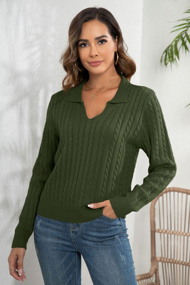 WOMEN LAPEL TWIST LOOSE LONG SLEEVE KNIT SWEATER