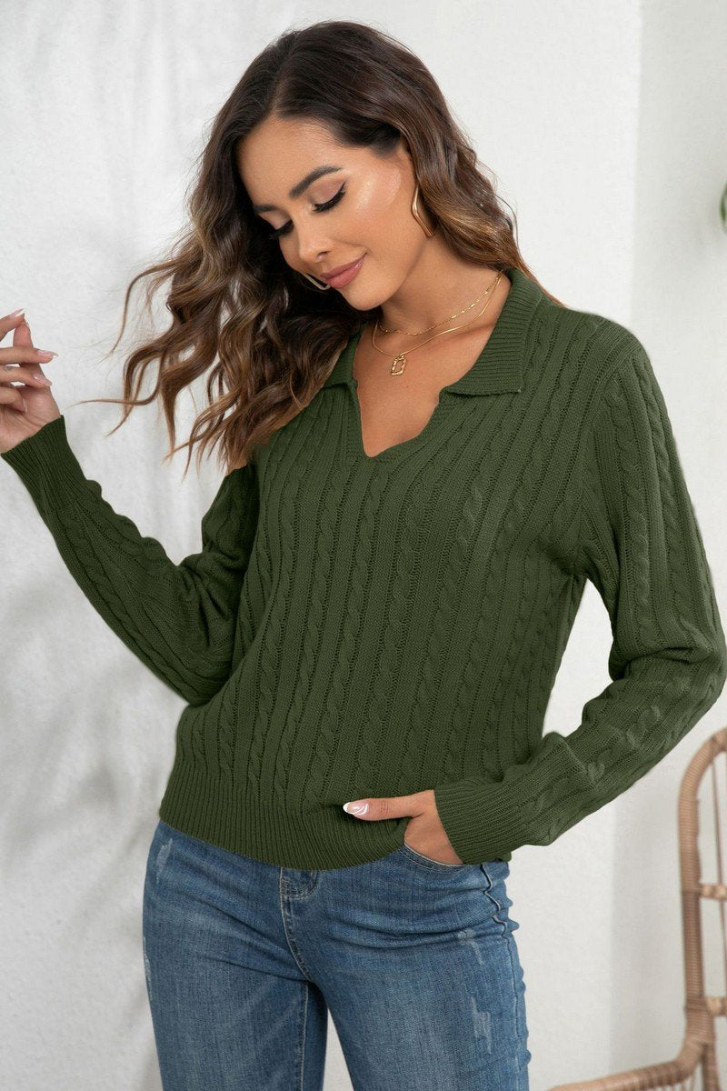 WOMEN LAPEL TWIST LOOSE LONG SLEEVE KNIT SWEATER