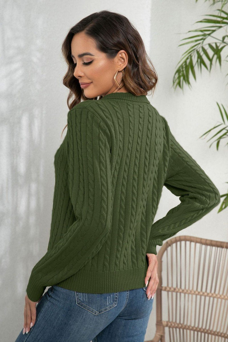 WOMEN LAPEL TWIST LOOSE LONG SLEEVE KNIT SWEATER